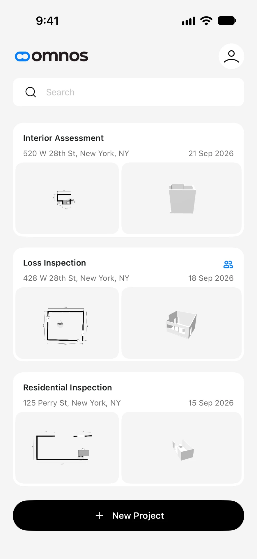 Omnos projects list showing property projects with floor plans and 3D models