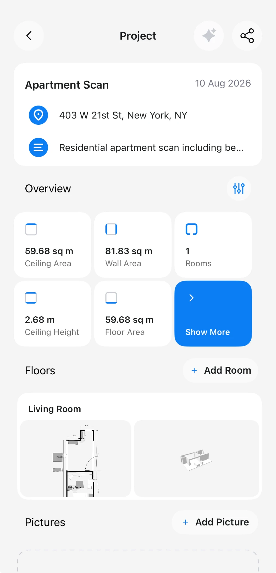Omnos project overview with measurements, floors and files