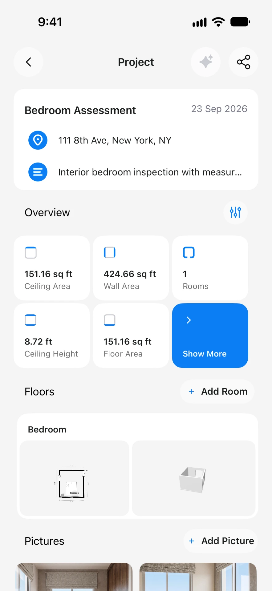 Omnos Bedroom Assessment project overview with measurements, floor plans and pictures