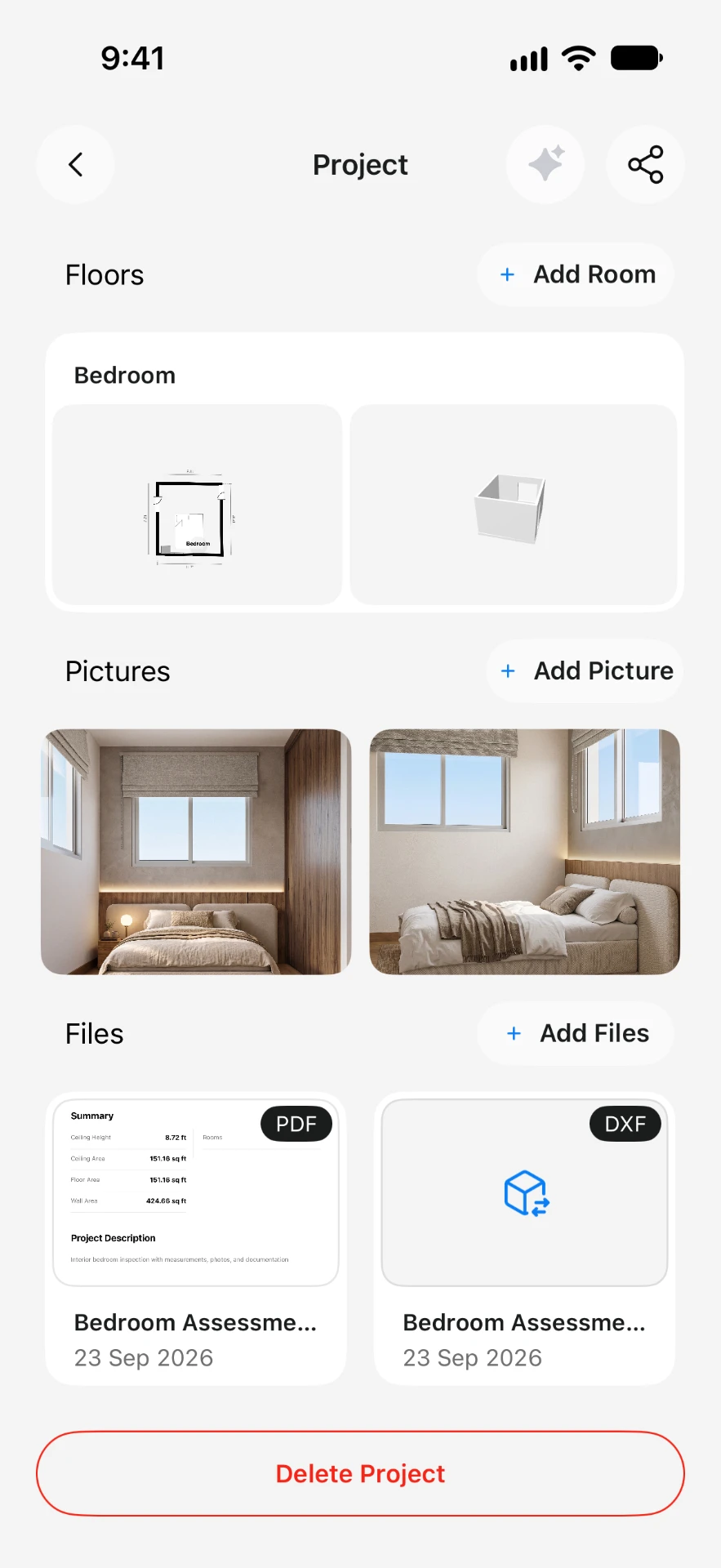 Omnos project screen with floors, pictures and files