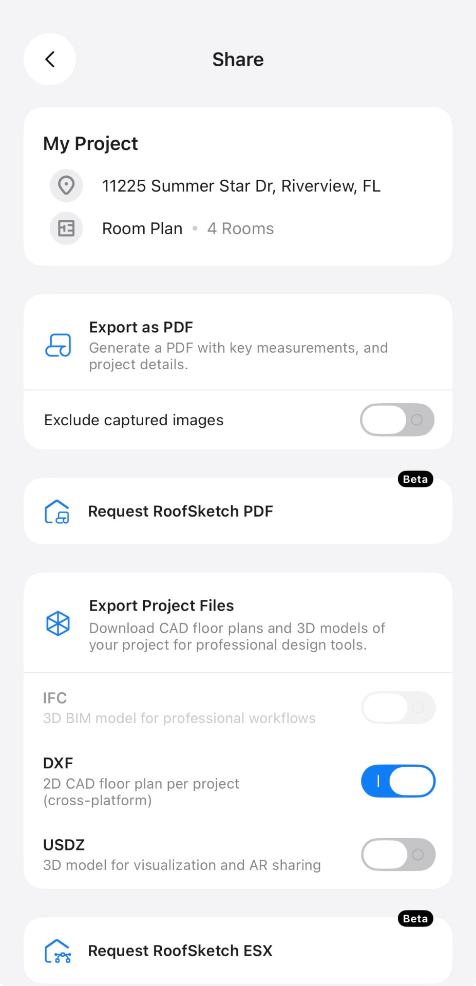 Omnos share screen with PDF export, DXF, USDZ and RoofSketch options